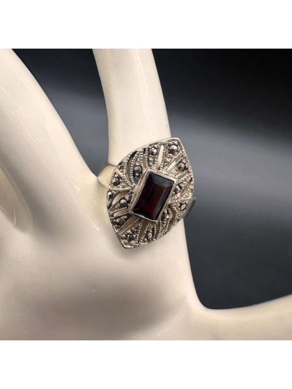 Vintage Art Deco Style Ring Garnet Sterling Silver Marcasite Shield Size 8.5